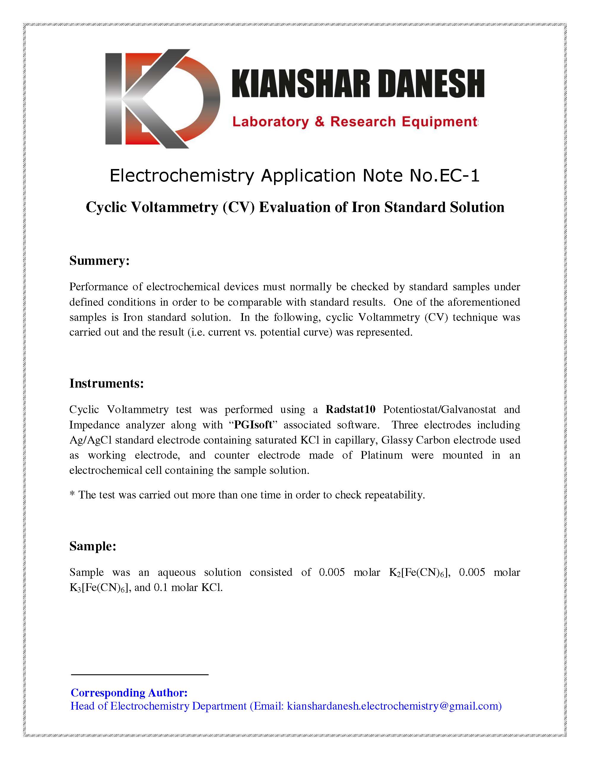 Cyclic Voltammetry (CV) Evaluation of Iron Standard Solution